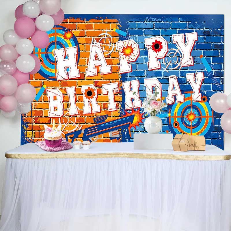 Lofaris Dart War Birthday Backdrop Orange and Blue Brick Wall Target Banner Blaster Themed Party Supplies for Boys