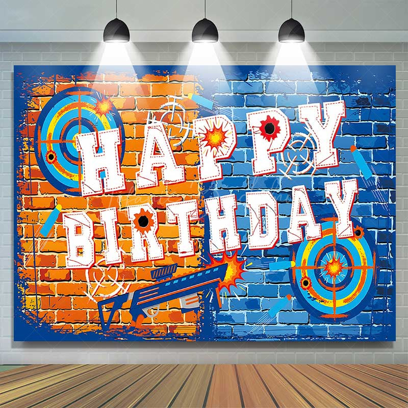 Lofaris Dart War Birthday Backdrop Orange and Blue Brick Wall Target Banner Blaster Themed Party Supplies for Boys
