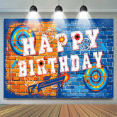 Lofaris Dart War Birthday Backdrop Orange and Blue Brick Wall Target Banner Blaster Themed Party Supplies for Boys