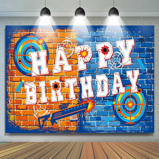 Lofaris Dart War Birthday Backdrop Orange and Blue Brick Wall Target Banner Blaster Themed Party Supplies for Boys
