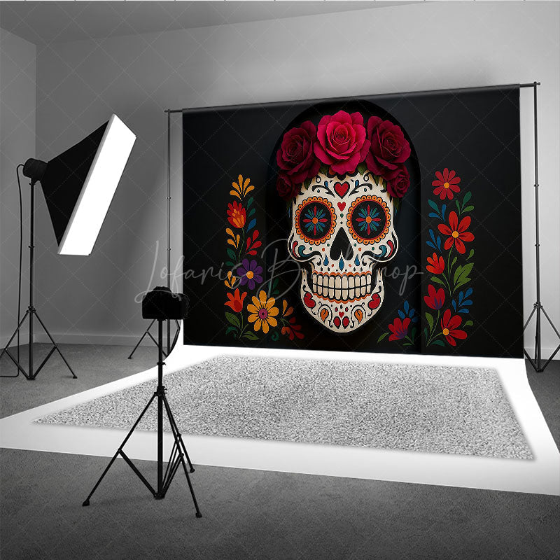 Lofaris Day of the Dead Photography Backdrop Floral Sugar Skull Calavera for Dia de los Muertos Halloween Altar Decor