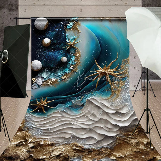 Lofaris Deep Blue and Gold Abstract Ocean Waves Sweep Backdrop with Sparkling Starfish Elegant Photography Studio Decor