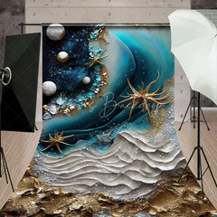 Lofaris Deep Blue and Gold Abstract Ocean Waves Sweep Backdrop with Sparkling Starfish Elegant Photography Studio Decor