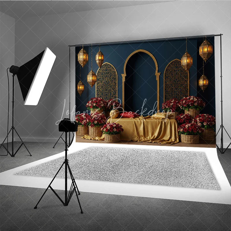 Lofaris Deep Blue Golden Moroccan Arches Photography Backdrop Arabian Lanterns and Red Roses Floral Decor for Romantic Events