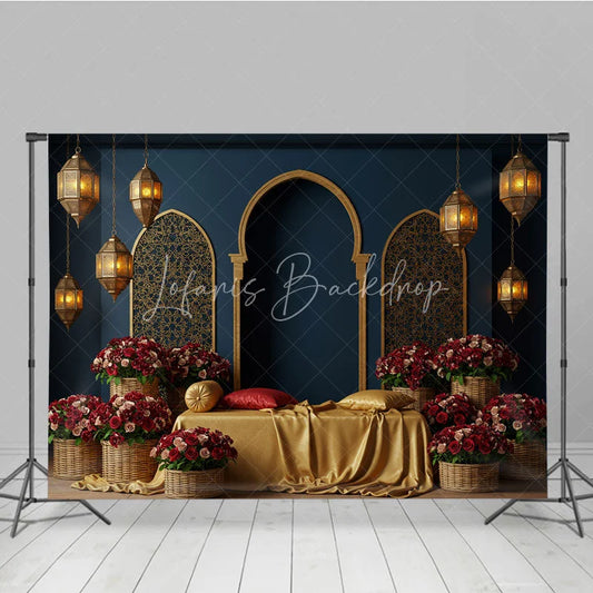 Lofaris Deep Blue Golden Moroccan Arches Photography Backdrop Arabian Lanterns and Red Roses Floral Decor for Romantic Events