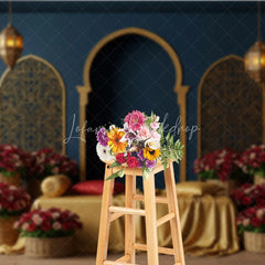 Lofaris Deep Blue Golden Moroccan Arches Photography Backdrop Arabian Lanterns and Red Roses Floral Decor for Romantic Events