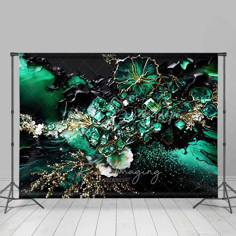 Lofaris Deep Green Floral Crystal Abstract Backdrop Gold Veins and Blossoms Photography Background Elegant Event Decor