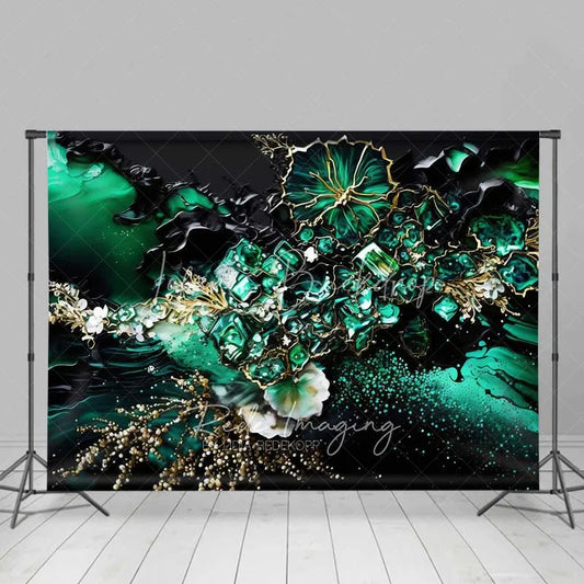 Lofaris Deep Green Floral Crystal Abstract Backdrop Gold Veins and Blossoms Photography Background Elegant Event Decor