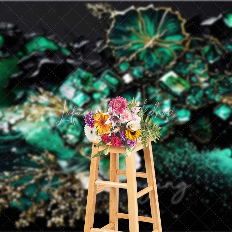 Lofaris Deep Green Floral Crystal Abstract Backdrop Gold Veins and Blossoms Photography Background Elegant Event Decor