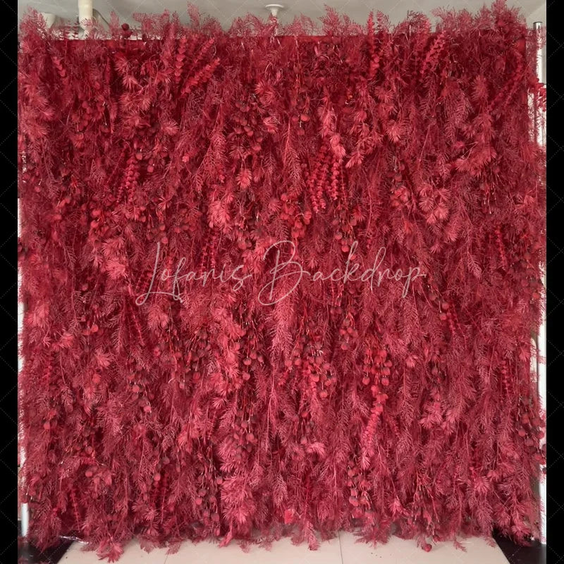 Lofaris Deep Red Artificial Flower Wall with Lush Foliage and Berry Clusters Elegant Wedding Party Decor