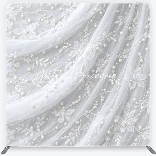 Lofaris Delicate White Lace Floral Pearl Embellished Square Double-Sided Backdrop Elegant Wedding Photography Decor