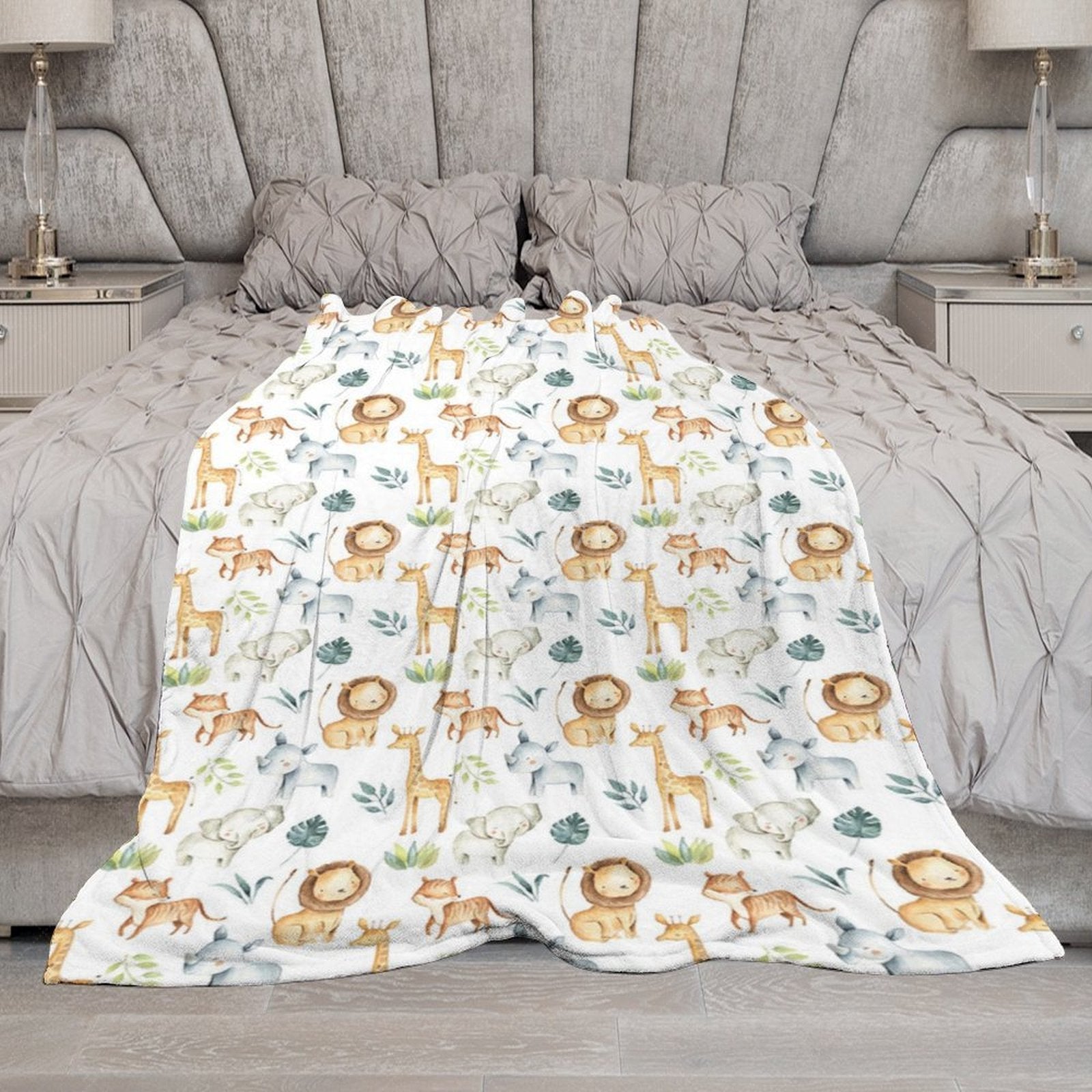 Lofaris Dense Cute Safari Animals Leaf Custom Name Blanket