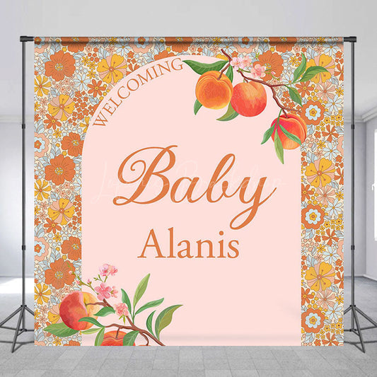 Lofaris Dense Floral Peach Custom Name Welcome Baby Backdrop