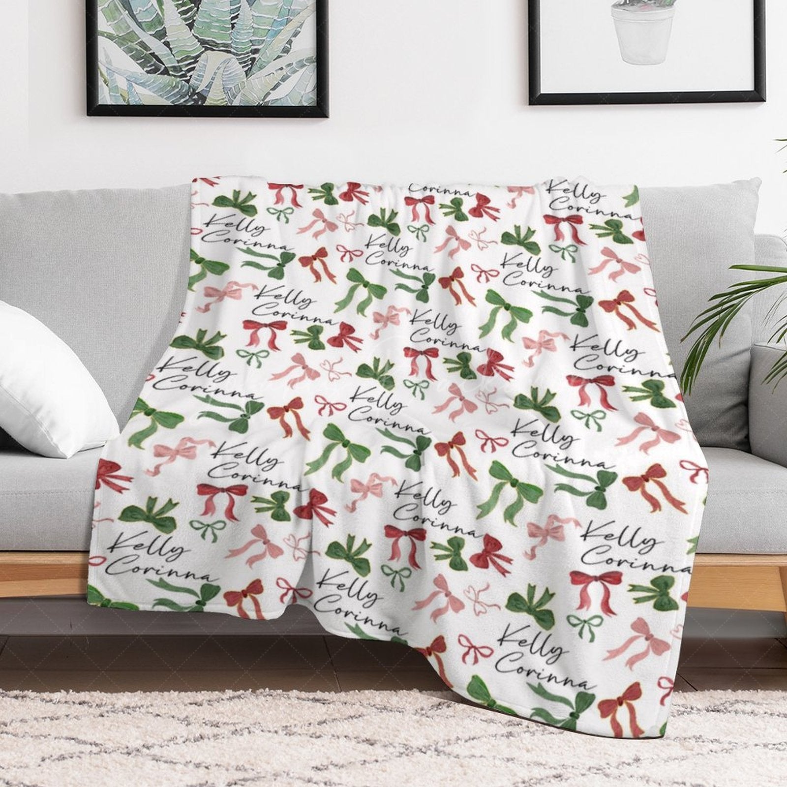 Lofaris Dense Green Red Pink Bow Tie Custom Name Blanket