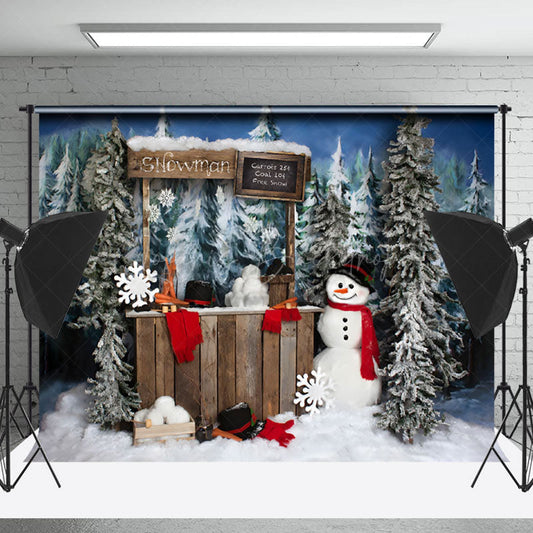 Lofaris Dense Pine Trees Shelves Snowman Christmas Backdrop