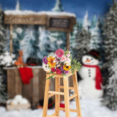 Lofaris Dense Pine Trees Shelves Snowman Christmas Backdrop