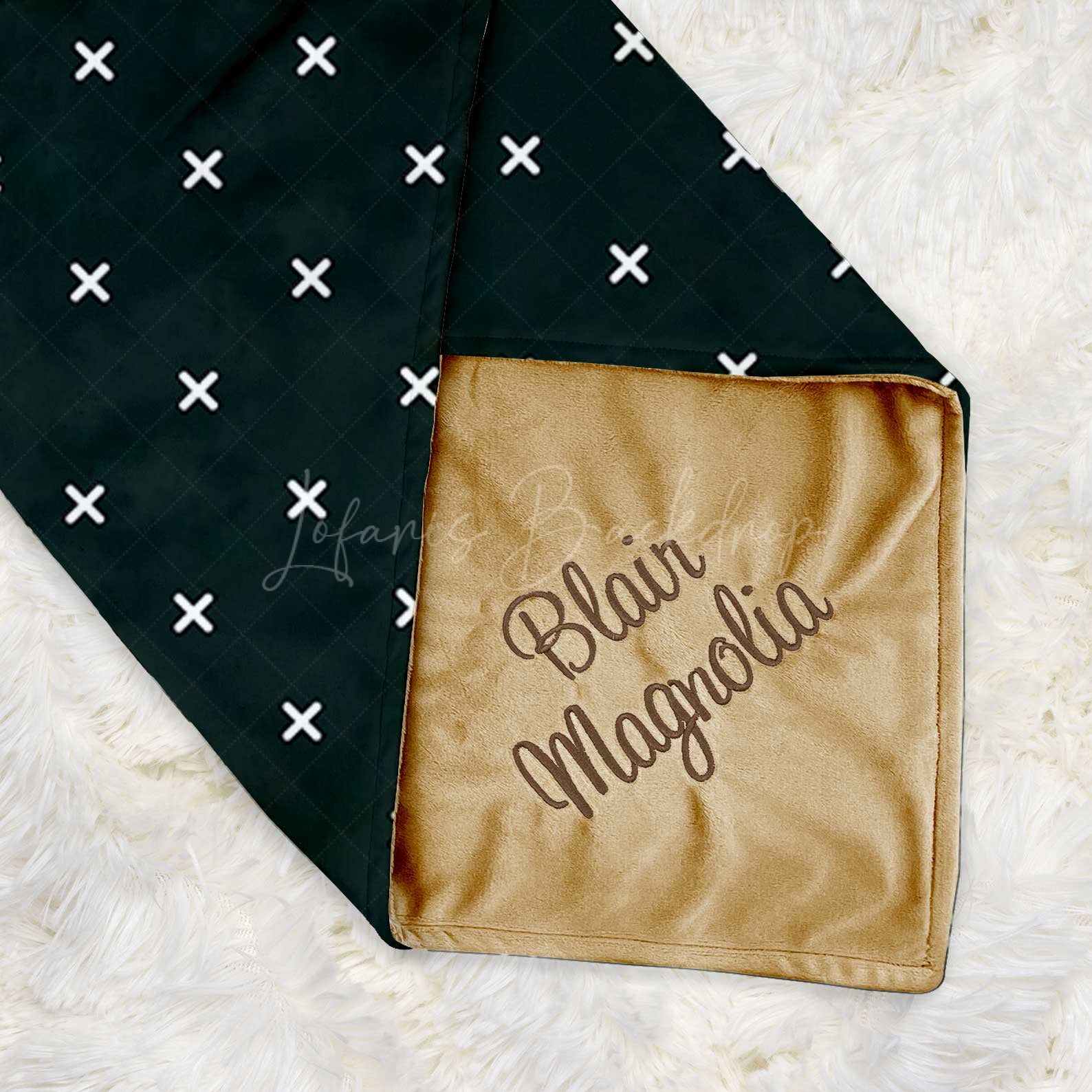 Lofaris Dense White Fork Print Navy Green Minky Baby Blanket