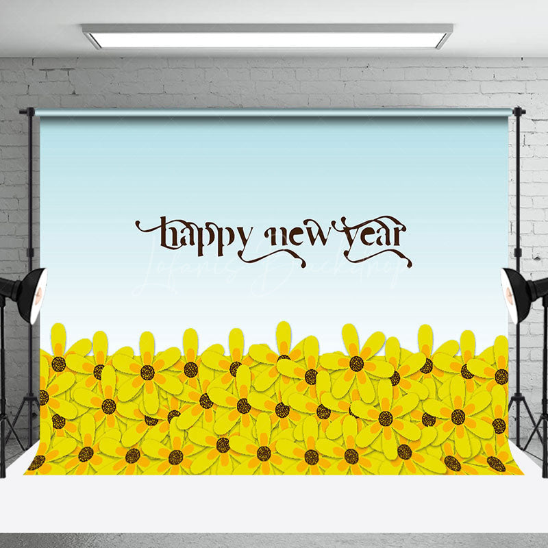 Lofaris Dense Yellow Floral Blue Happy New Year Backdrop