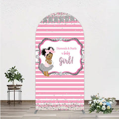 Lofaris Diamonds and Pearls Baby Girl Shower Arch Backdrop Pink Silver Glitter African American Princess Theme Decor