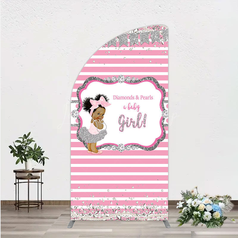 Lofaris Diamonds and Pearls Baby Girl Shower Half Moon Arch Backdrop Pink Silver Glitter African American Princess Theme Decor