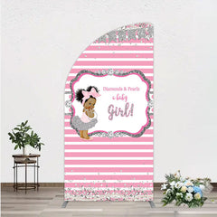 Lofaris Diamonds and Pearls Baby Girl Shower Half Moon Arch Backdrop Pink Silver Glitter African American Princess Theme Decor