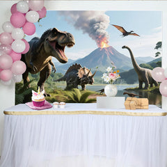 Lofaris Dinosaur Birthday Photography Backdrop Jurassic T-Rex and Volcano Scene Prehistoric Party Photo Background
