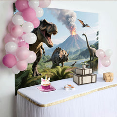 Lofaris Dinosaur Birthday Photography Backdrop Jurassic T-Rex and Volcano Scene Prehistoric Party Photo Background