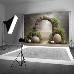 Lofaris Dinosaur Egg and Stone Arch Photography Backdrop Prehistoric Ferns for Birthday Jurassic Cake Smash Background