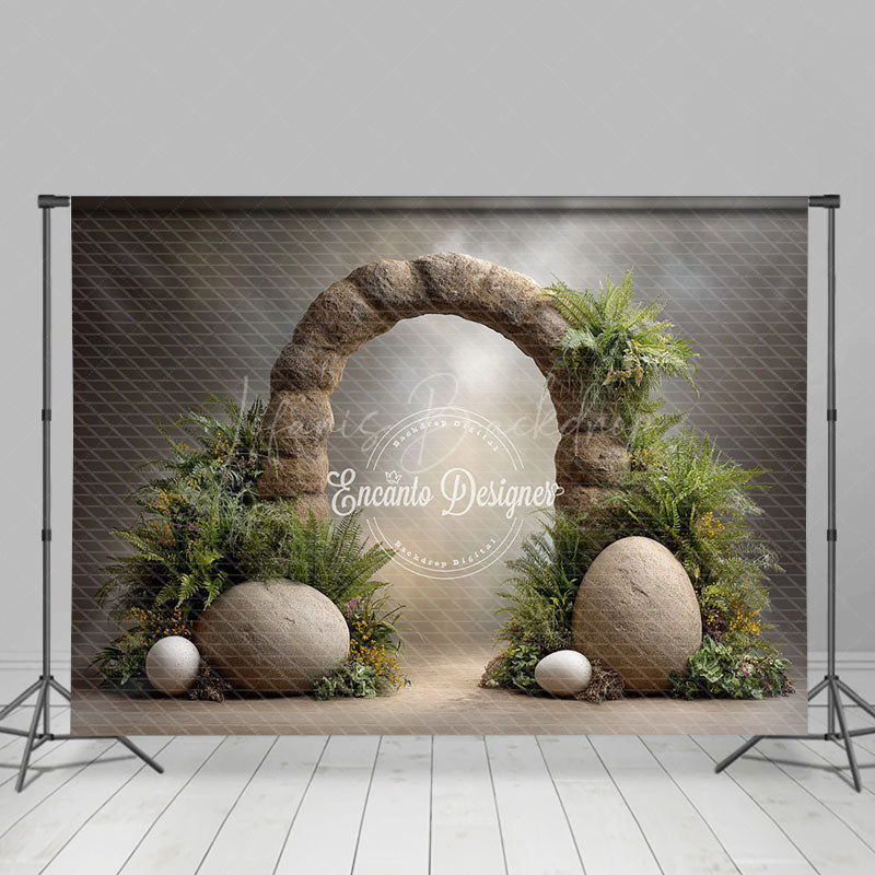 Lofaris Dinosaur Egg and Stone Arch Photography Backdrop Prehistoric Ferns for Birthday Jurassic Cake Smash Background