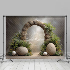 Lofaris Dinosaur Egg and Stone Arch Photography Backdrop Prehistoric Ferns for Birthday Jurassic Cake Smash Background