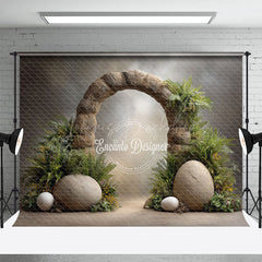 Lofaris Dinosaur Egg and Stone Arch Photography Backdrop Prehistoric Ferns for Birthday Jurassic Cake Smash Background