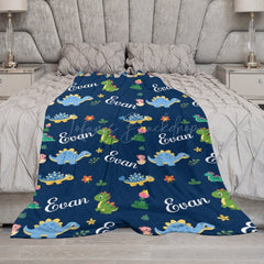 Lofaris Dinosaurs Floral Dark Blue Personalized Name Blanket