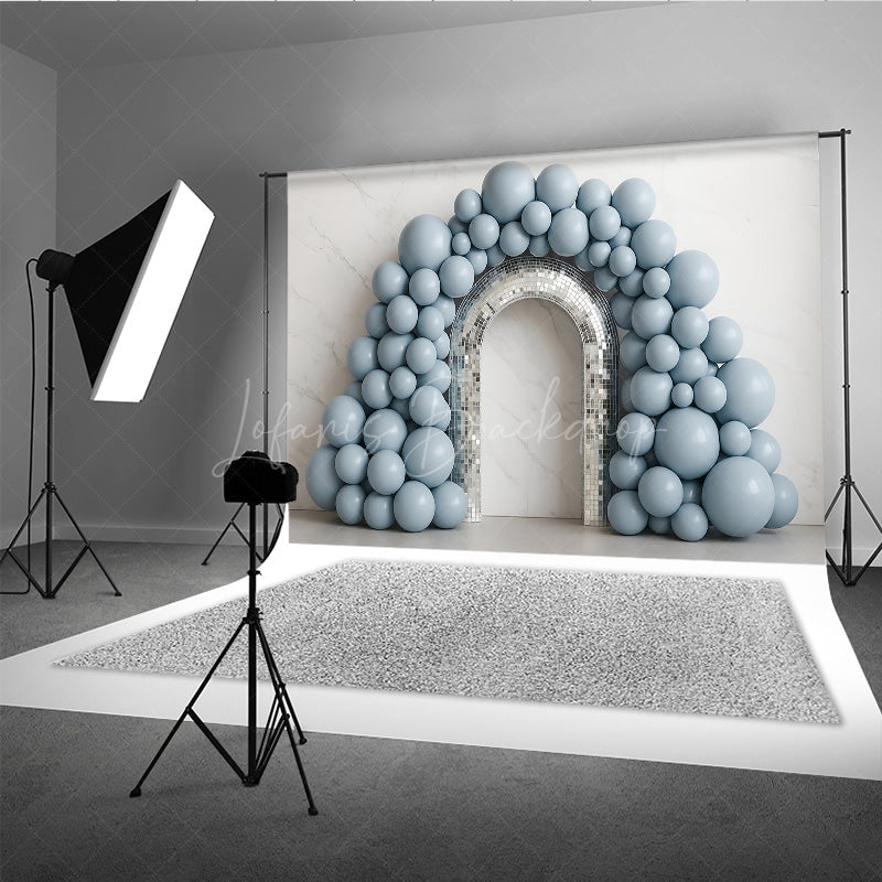 Lofaris Disco Balloon Arch Cake Smash Backdrop Dusty Blue Balloons and Mirror Ball Groovy First Birthday Photo Prop