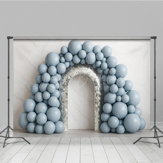 Lofaris Disco Balloon Arch Cake Smash Backdrop Dusty Blue Balloons and Mirror Ball Groovy First Birthday Photo Prop