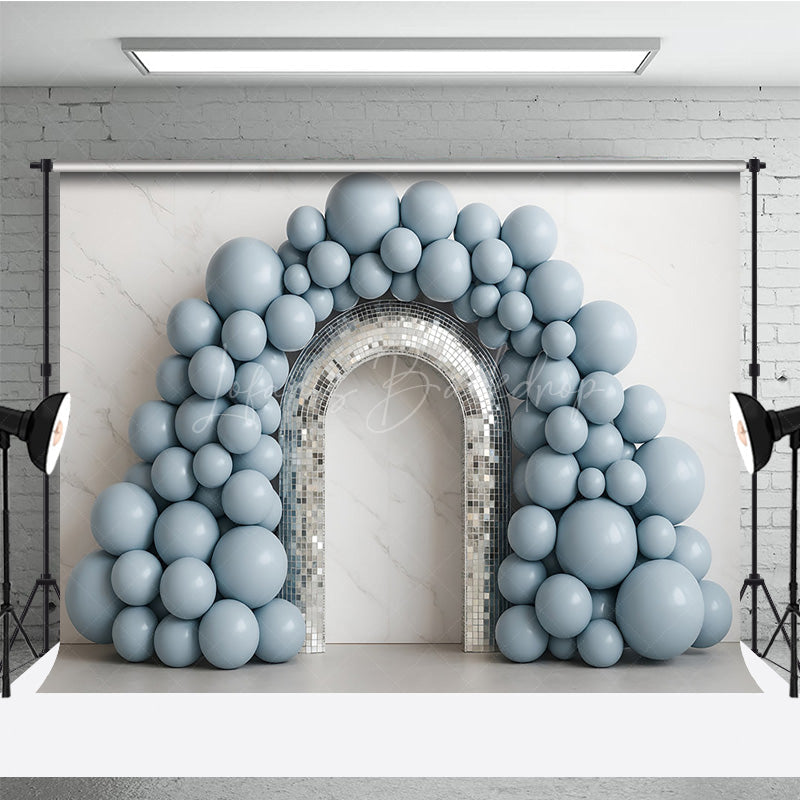 Lofaris Disco Balloon Arch Cake Smash Backdrop Dusty Blue Balloons and Mirror Ball Groovy First Birthday Photo Prop