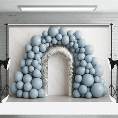 Lofaris Disco Balloon Arch Cake Smash Backdrop Dusty Blue Balloons and Mirror Ball Groovy First Birthday Photo Prop