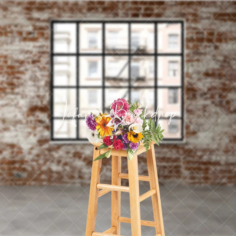Lofaris Distressed Brick Wall with Black Window Photography Backdrop Urban City Loft Industrial Style for Photo Shoots
