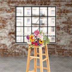 Lofaris Distressed Brick Wall with Black Window Photography Backdrop Urban City Loft Industrial Style for Photo Shoots