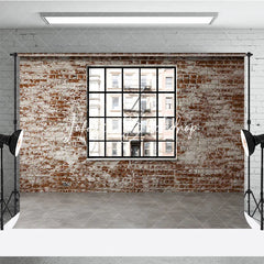 Lofaris Distressed Brick Wall with Black Window Photography Backdrop Urban City Loft Industrial Style for Photo Shoots