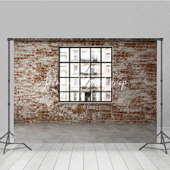 Lofaris Distressed Brick Wall with Black Window Photography Backdrop Urban City Loft Industrial Style for Photo Shoots