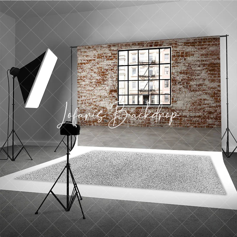 Lofaris Distressed Brick Wall with Black Window Photography Backdrop Urban City Loft Industrial Style for Photo Shoots
