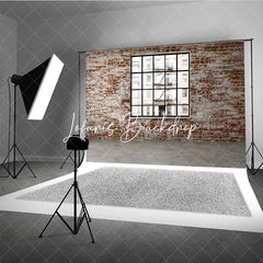 Lofaris Distressed Brick Wall with Black Window Photography Backdrop Urban City Loft Industrial Style for Photo Shoots