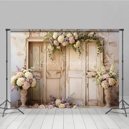 Lofaris Distressed Wooden Doors and Floral Garland Photography Backdrop Rustic Vintage Stone Wall Wedding Decor