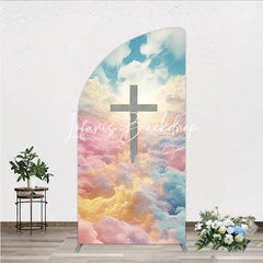 Lofaris Divine Cross with Pastel Pink Yellow Blue Clouds Half Moon Arch Backdrop Spiritual Celebration Decor