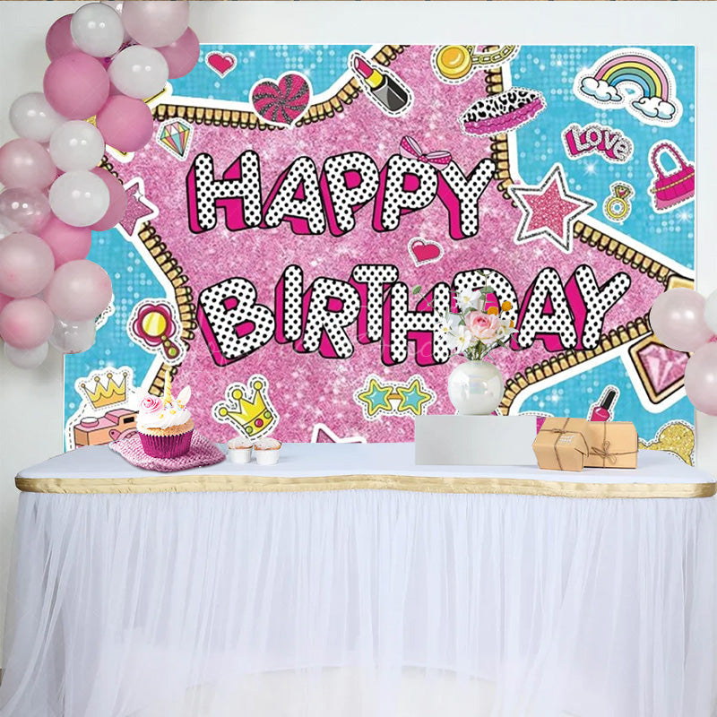 Lofaris Doll Surprise Themed Happy Birthday Backdrop Pink Glam Pop Star Party Decor Sticker Bomb Style Photo Booth Banner