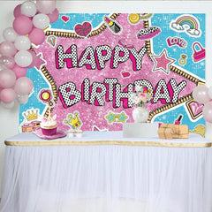 Lofaris Doll Surprise Themed Happy Birthday Backdrop Pink Glam Pop Star Party Decor Sticker Bomb Style Photo Booth Banner