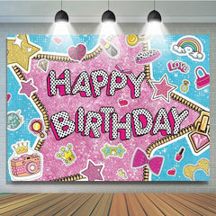 Lofaris Doll Surprise Themed Happy Birthday Backdrop Pink Glam Pop Star Party Decor Sticker Bomb Style Photo Booth Banner