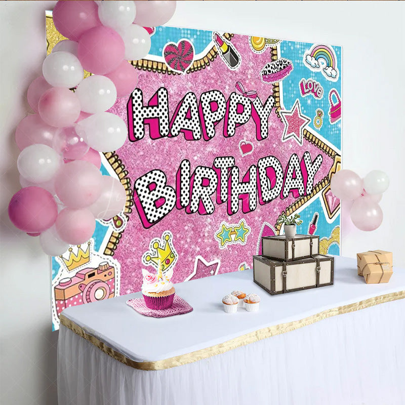 Lofaris Doll Surprise Themed Happy Birthday Backdrop Pink Glam Pop Star Party Decor Sticker Bomb Style Photo Booth Banner