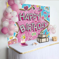 Lofaris Doll Surprise Themed Happy Birthday Backdrop Pink Glam Pop Star Party Decor Sticker Bomb Style Photo Booth Banner