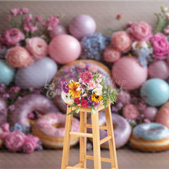 Lofaris Donut Wall Wedding Photography Backdrop Colorful Donuts with Peonies and Balloons Sweet Celebration Photo Prop